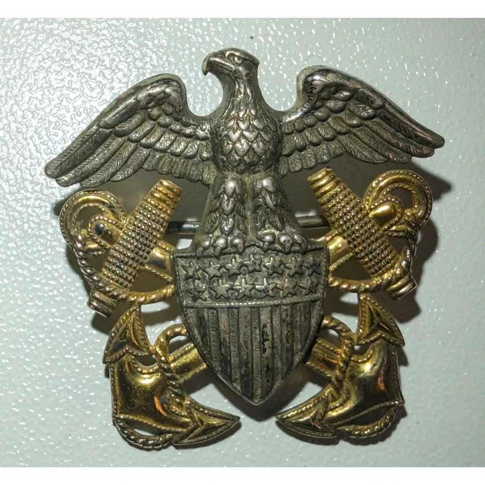 Vtg WW2 Military Navy Eagle Shield Anchors Pin 1/20 10k Gold over Sterling H-H